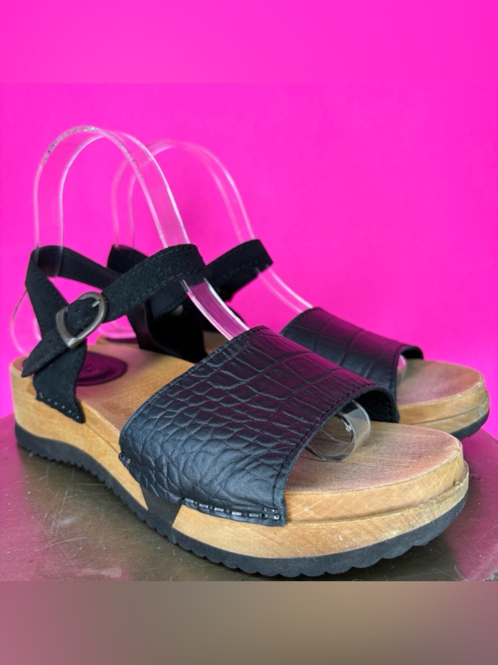 Sanita Rhoda Croc Embossed Black Leather Wood Platform Sandal EU 38